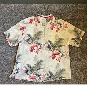Tommy Bahama IslandZone Silk Blend Floral Palm Camp Shirt Mens 2XLB Cream Pink